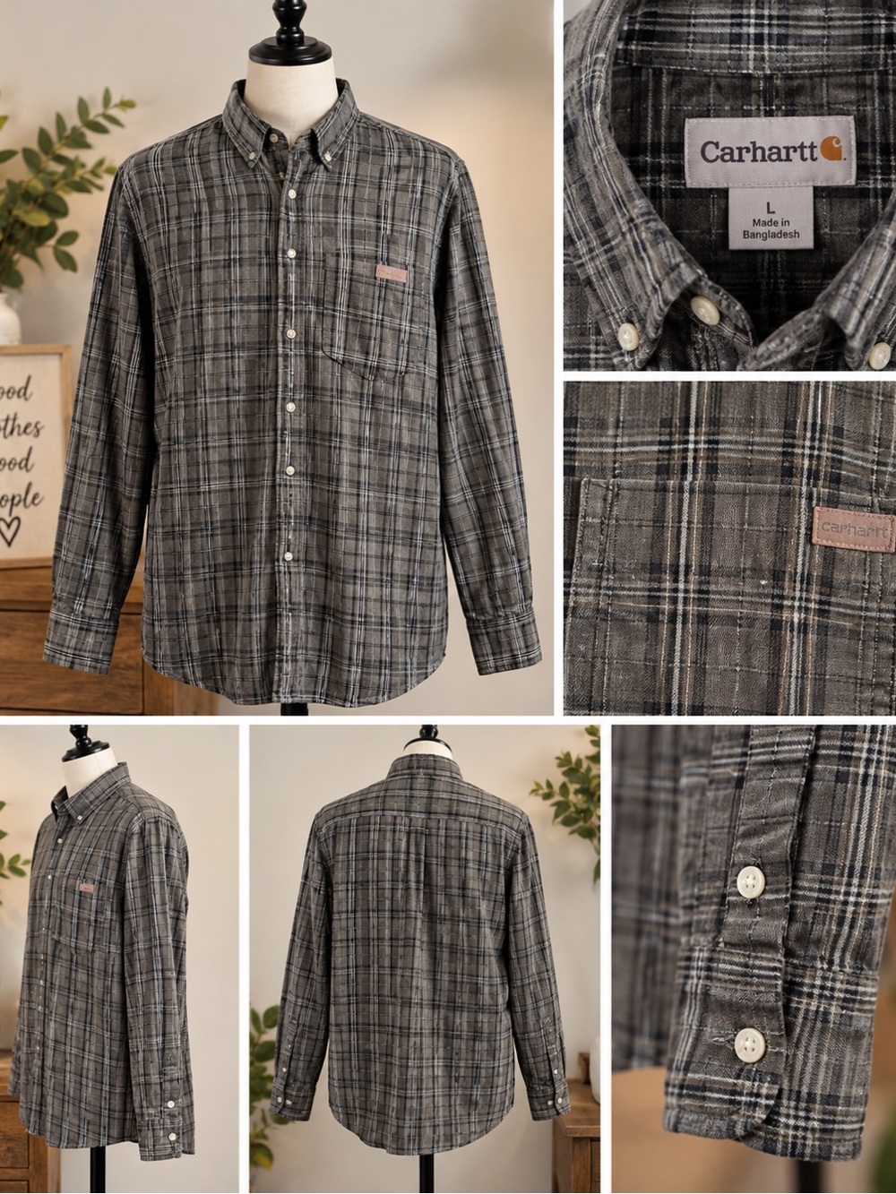Carhartt Men’s Black and Gray Plaid Button-Down Shirt